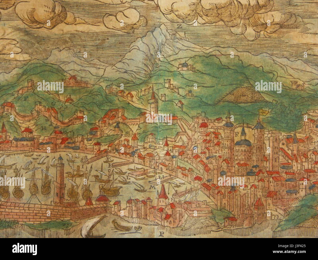 Eine detaillierte Untersuchung oder Darstellung von Genua in den 1600er Jahren mit Schwerpunkt auf Architektur, Gesellschaft und historischer Bedeutung in der Frühen Neuzeit. Stockfoto