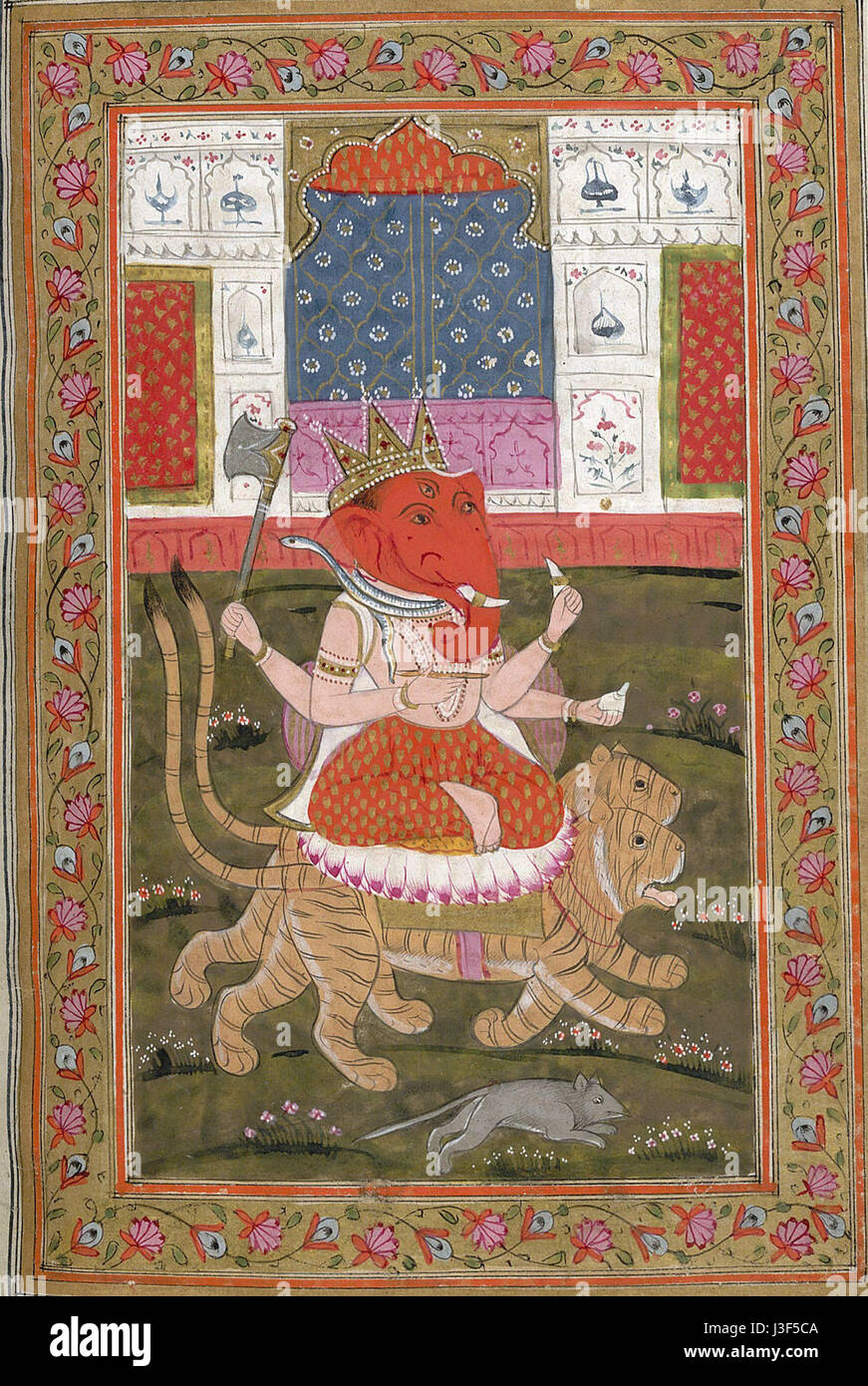Dieses Miniaturgemälde zeigt die hinduistische Gottheit Ganesha, bekannt für seine Weisheit und das Entfernen von Hindernissen, die in komplizierten Details auf einer kleinen Leinwand festgehalten werden. Stockfoto