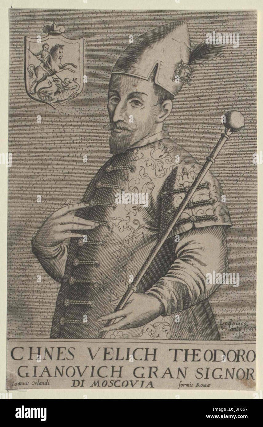 Dieser Kupferstich zeigt den russischen Zaren Feodor I., der von 1584 bis 1598 regierte. Bekannt für seine religiöse Frömmigkeit und die Herausforderungen der Herrschaft während einer Zeit politischer Instabilität, markierte Feodors Herrschaft das Ende der Rurik-Dynastie. Stockfoto