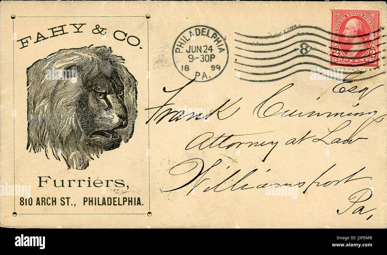 Diese Referenz verweist auf einen Umschlag von Fahy & Co, einem Furnierunternehmen in Philadelphia, das auf das Jahr 1899 zurückgeht. Das Unternehmen hat sich in diesem Zeitraum wahrscheinlich auf Pelzbekleidung oder -Accessoires spezialisiert. Stockfoto