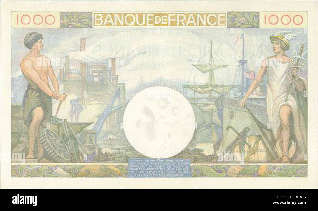 Der 1000-Franken-Schein von 1940 war Teil der Währung von Franceâ während des Zweiten Weltkriegs. Er zeichnet sich durch markante Designs aus und spiegelt die wirtschaftlichen und politischen Herausforderungen wider, denen Frankreich während des Krieges gegenüberstand, insbesondere die Auswirkungen von Besatzung und Konflikten. Stockfoto