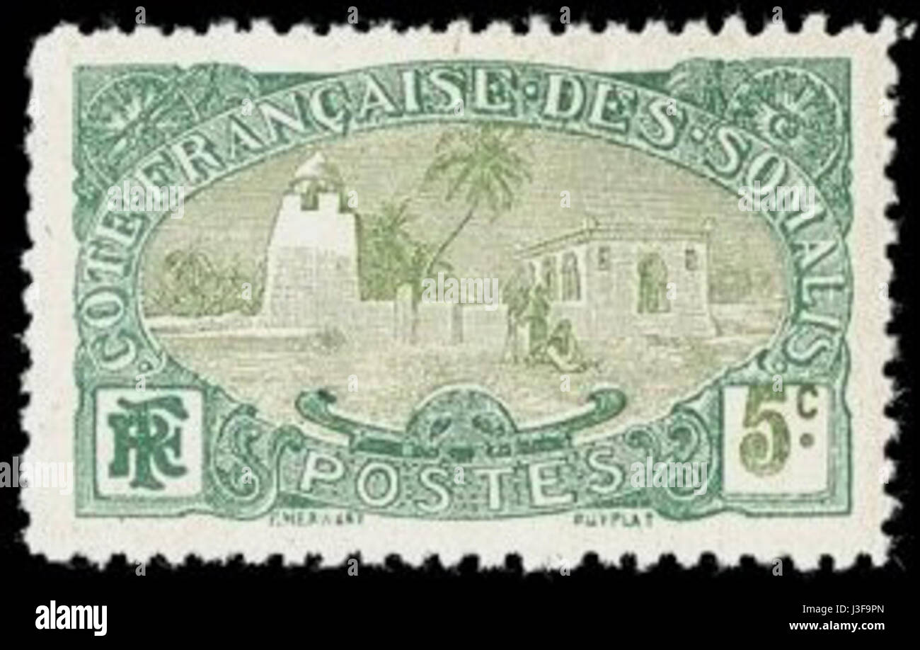 Französische Küste Somalias 1909 5c Tadjoura Moschee Stempel Stockfoto