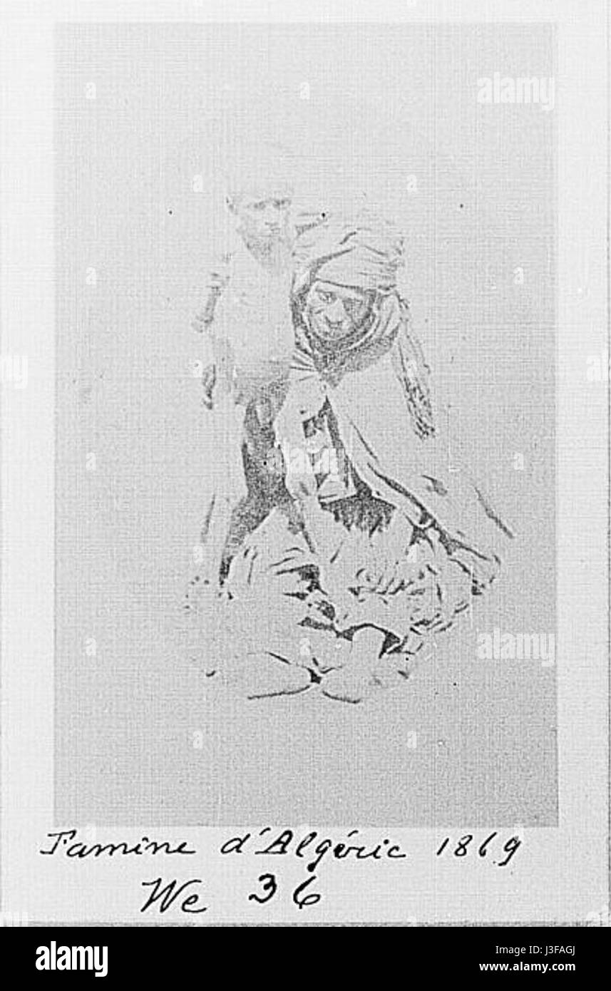 Die Hungersnot in Algerien 1869 war ein verheerendes Ereignis, das weit verbreitetes Leid und Tod verursachte. Die Ursache hierfür waren vor allem Dürre und schlechte Ernten, die zu Nahrungsmittelknappheit und wirtschaftlicher Not in der Region führten. Stockfoto
