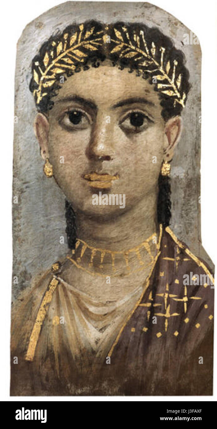 Fayum 79 ist eine Anspielung auf ein altägyptisches Porträt, wahrscheinlich aus den Fayum Mumienporträts, die sehr detailliert sind und einen bedeutenden Aspekt der römischen Tradition Ägyptens darstellen. Stockfoto