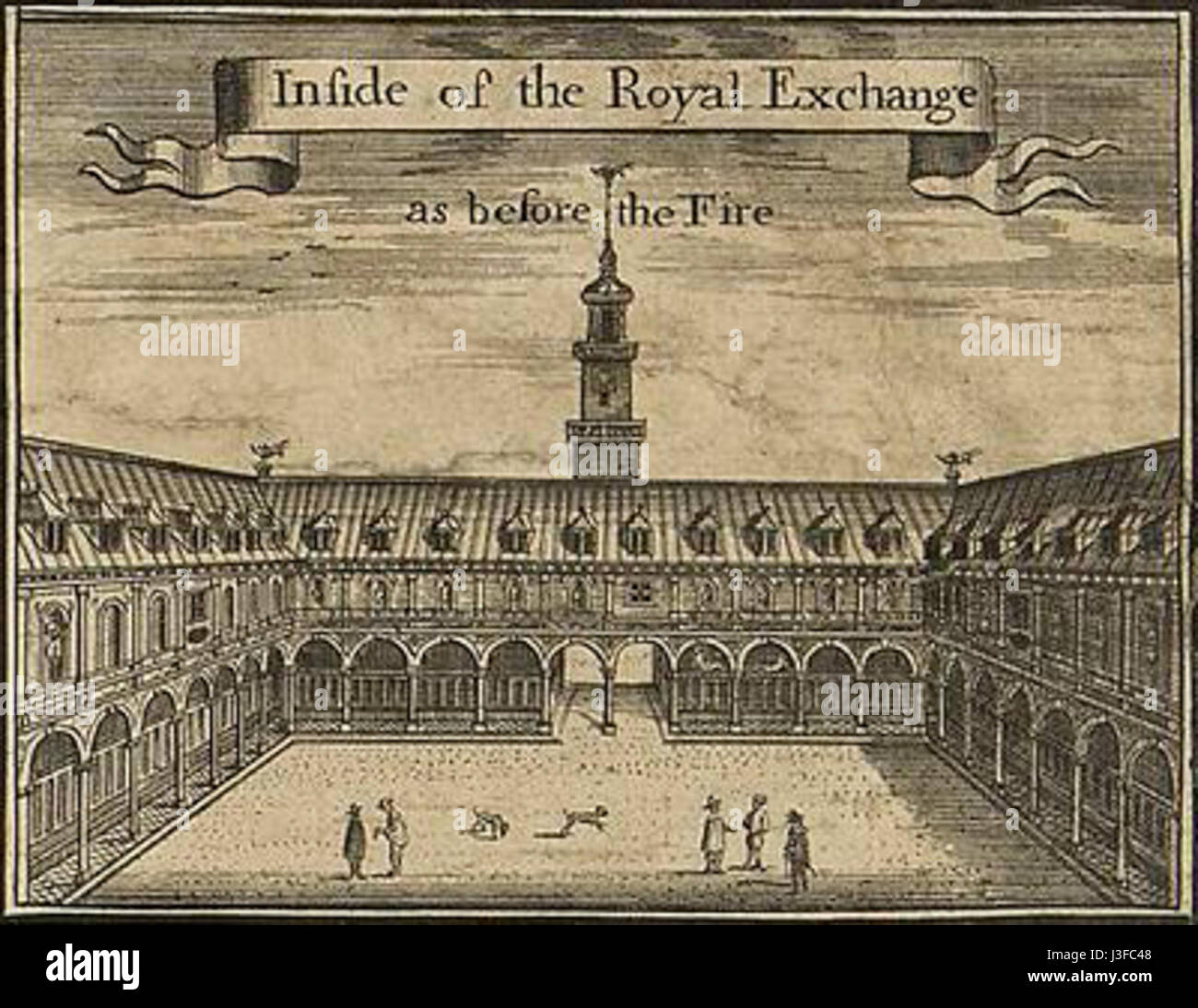 Die erste Royal Exchange wurde 1565 in London gegründet und war eine wichtige Institution für Handel und Finanzen während der Renaissance, die es den Händlern ermöglichte, Geschäfte in einem besser organisierten Raum zu tätigen. Stockfoto