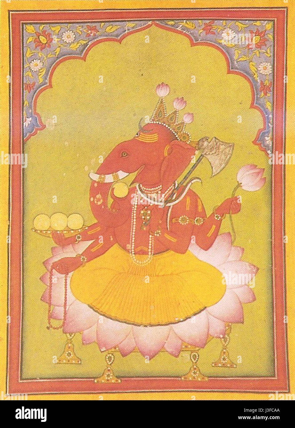 Die Ganesha Basohli-Miniatur um 1730 ist ein indisches Kunstwerk, das den hinduistischen Gott Ganesha darstellt. Das Gemälde spiegelt den künstlerischen Stil der Region Basohli wider, die für ihre markanten Miniaturen bekannt ist. Stockfoto