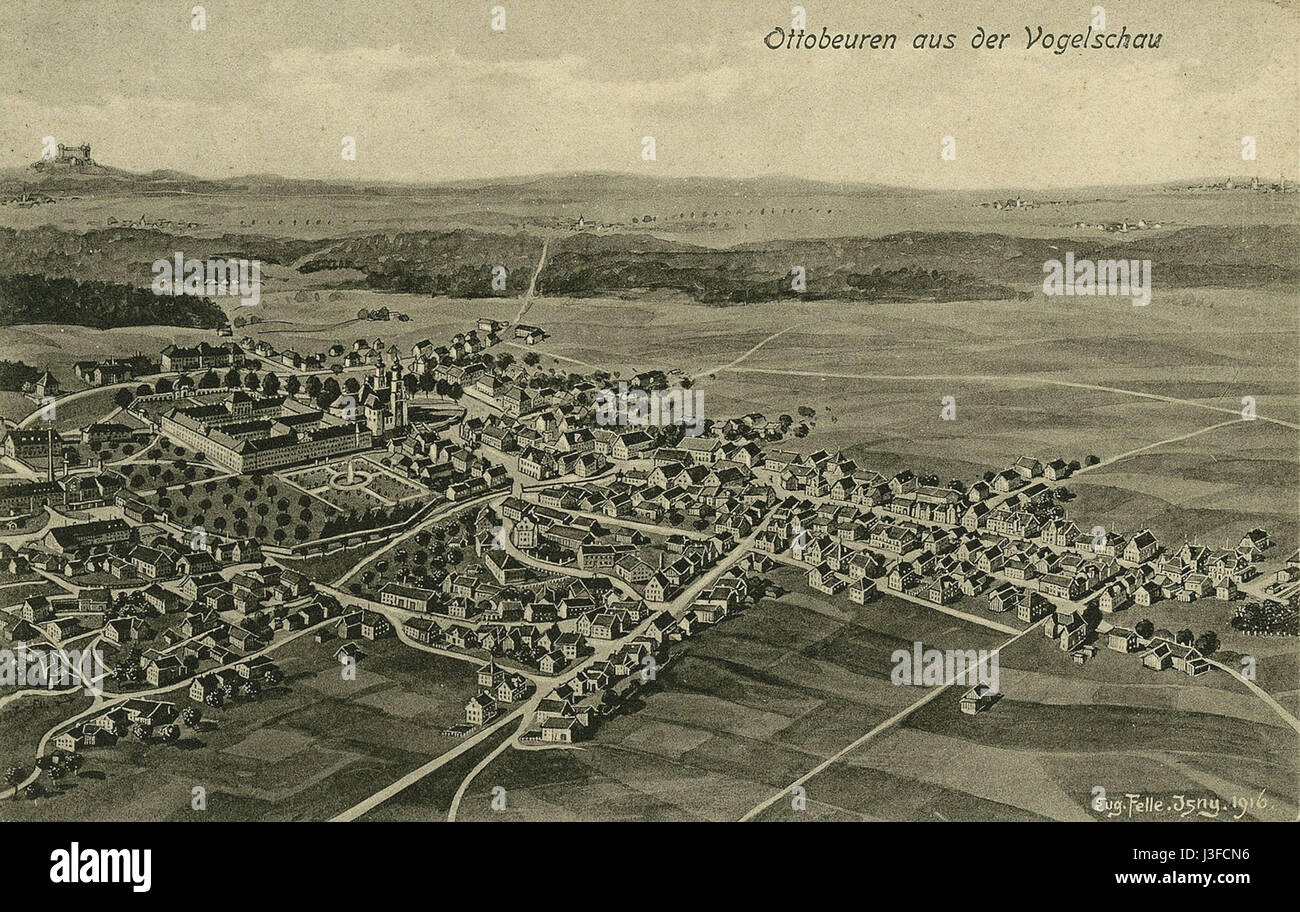 Eine Luftaufnahme der Stadt Ottobeuren in Deutschland, aufgenommen auf einem Schwarzweißfoto aus dem Jahr 1916, die die Landschaft und den Stadtplan zeigt. Stockfoto
