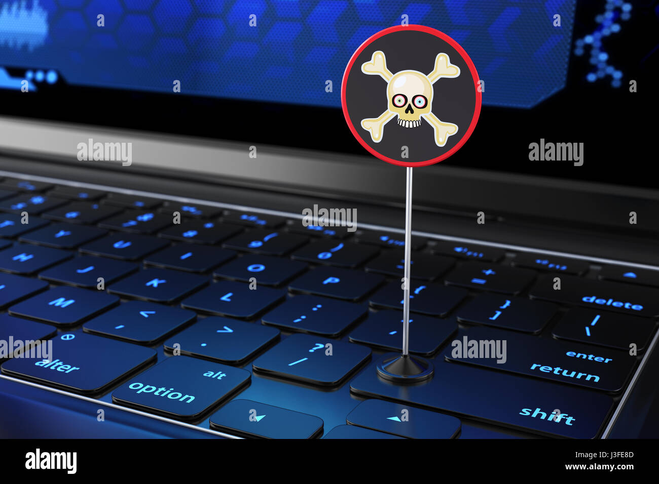 Piraterie-Zeichen stehen auf einer Tastatur. 3D illustration Stockfoto