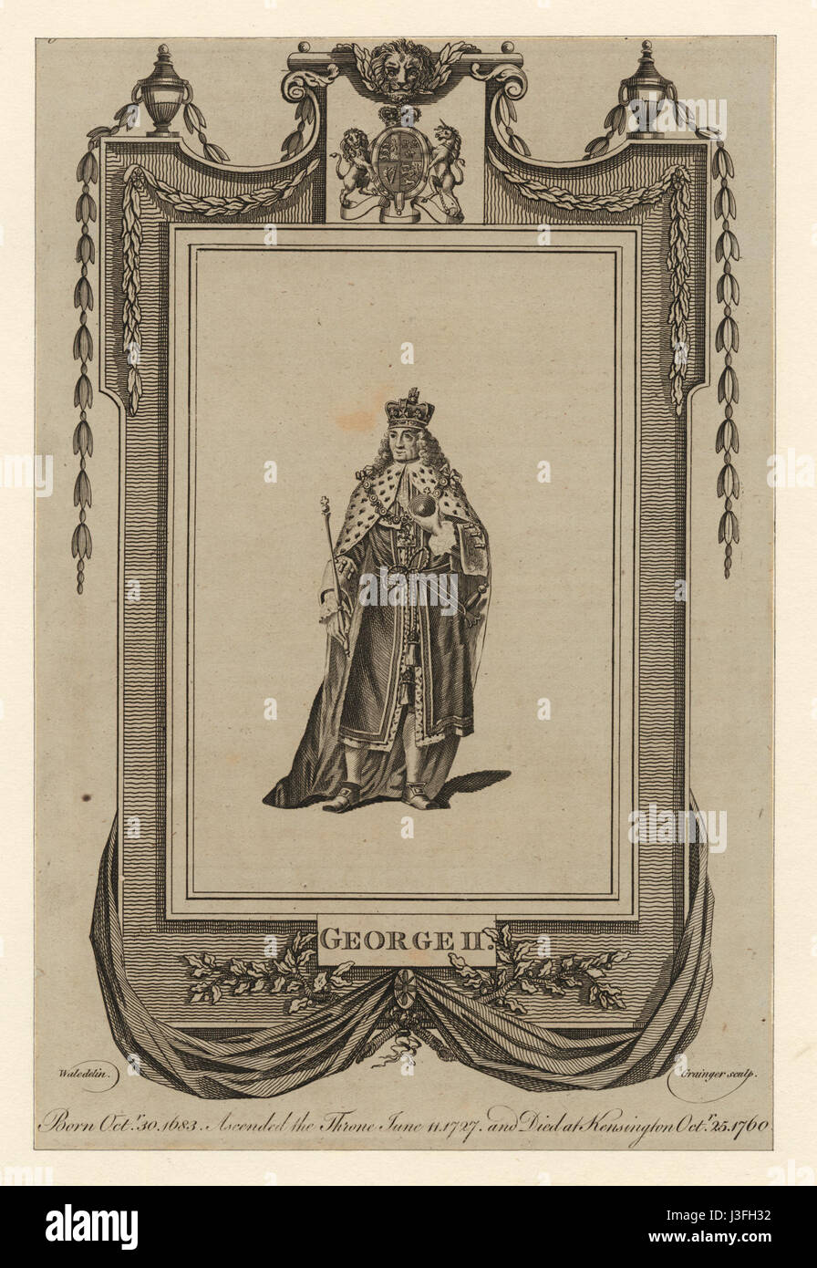 Georg II. War ein britischer Monarch, der von 1727 bis 1760 regierte. Dieses Porträt ist ein Beispiel für das königliche Porträt aus dem 18. Jahrhundert, das den Einfluss und das Aussehen der KingÂ während der georgischen Ära, einer Zeit, die von politischem Wandel und künstlerischer Entwicklung geprägt ist, zeigt. Stockfoto