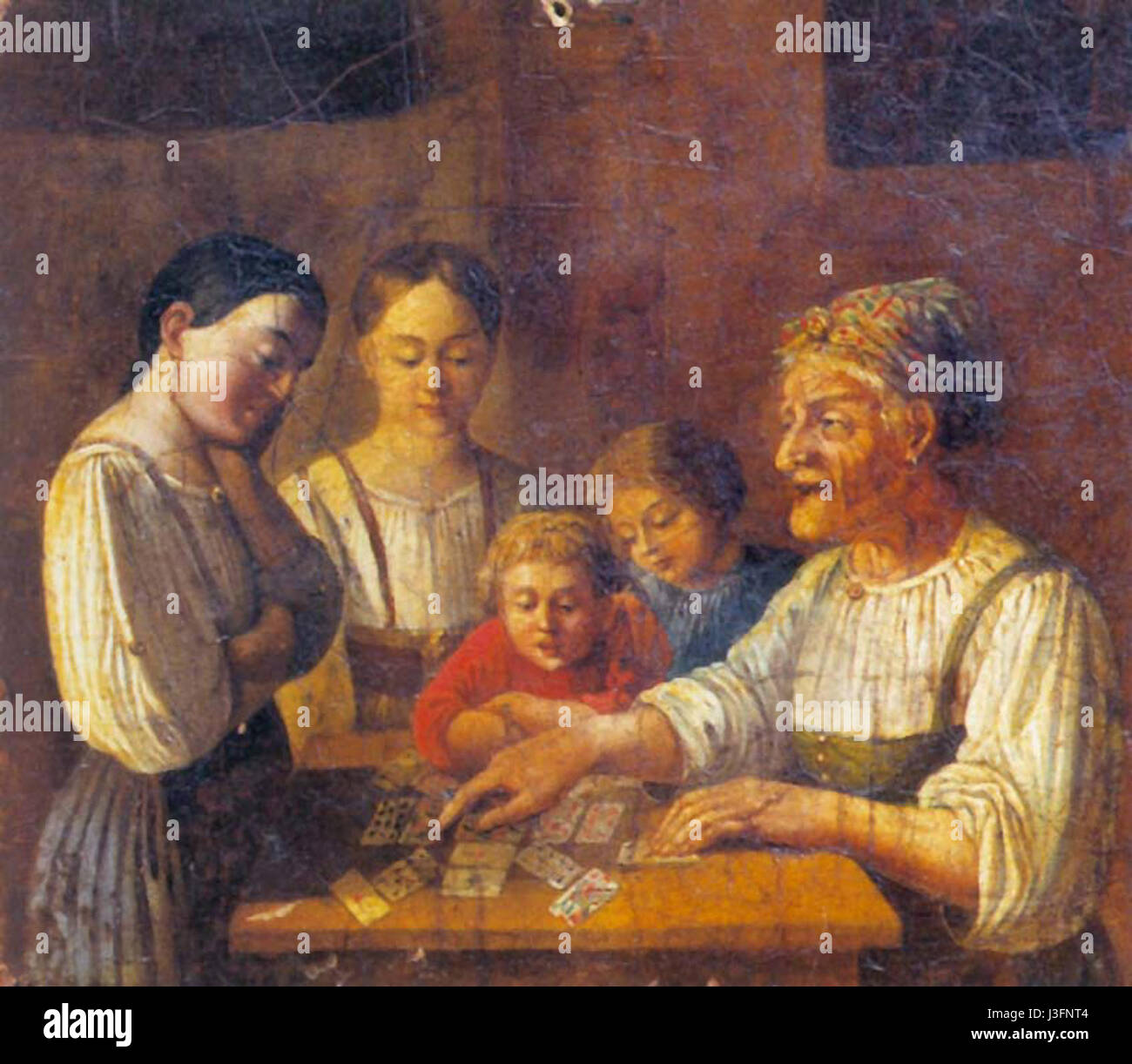 Dieses Werk aus dem 19. Jahrhundert konzentriert sich auf die Praxis des Wahrsagens, wahrscheinlich basierend auf traditionellen Methoden und kulturellen Überzeugungen der Zeit. Es gibt Einblicke in die Sichtweise der Menschen auf Schicksal, Zukunft und persönliches Schicksal während dieser Periode. Stockfoto