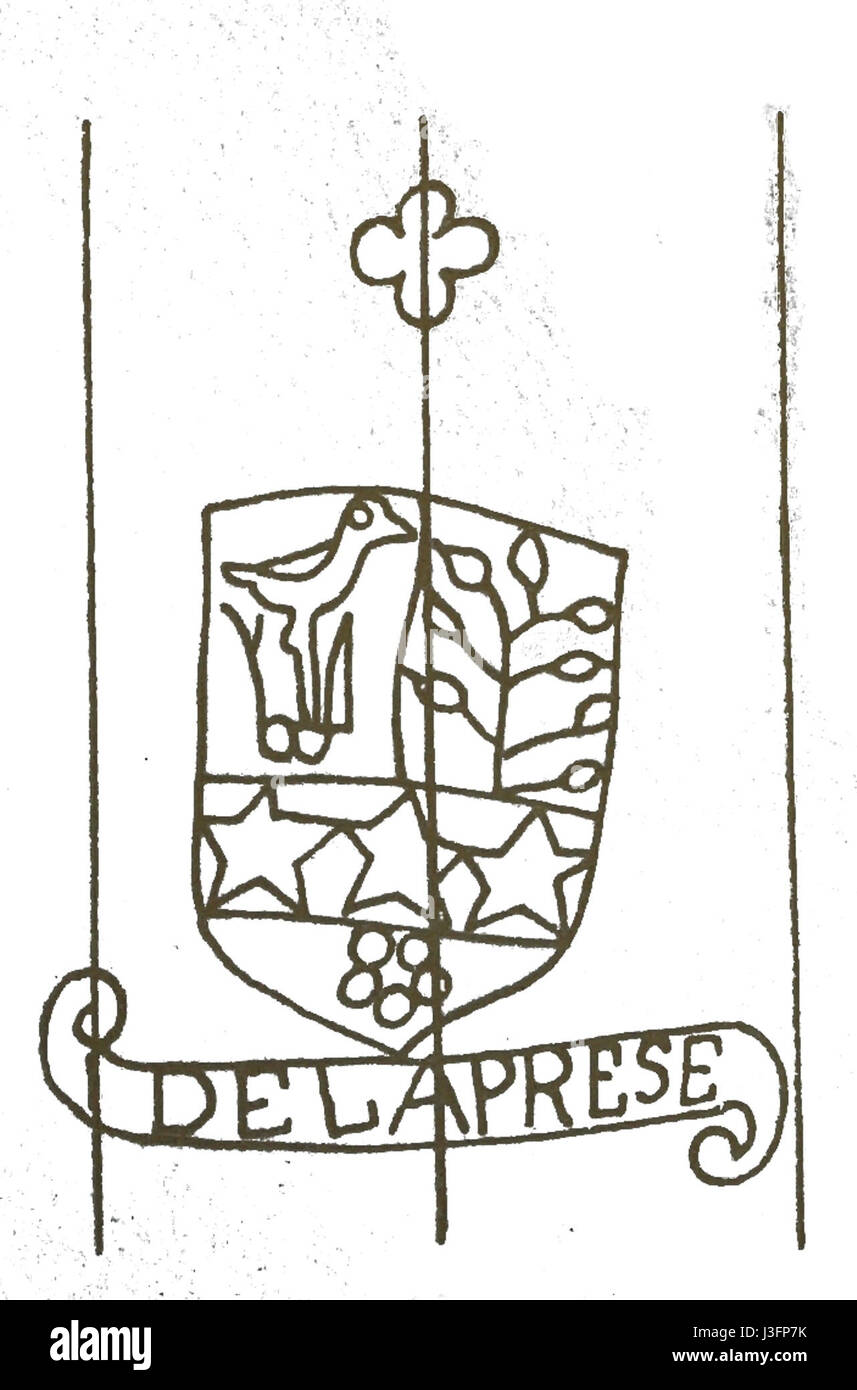 Eine detaillierte Illustration eines filigranen Wappens mit einem vierblättrigen Motiv, das komplexe Handwerkskunst und heraldisches Design zeigt. Stockfoto