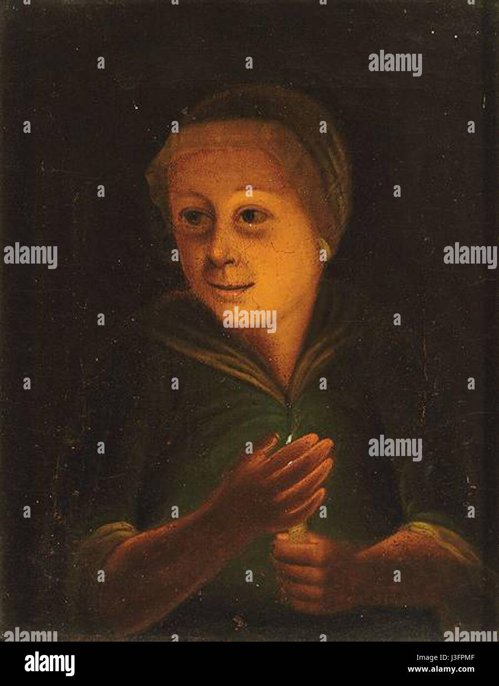 Frau mit Kerze ist ein deutsches Gemälde, das eine Frau in der Hand einer Kerze darstellt. Das Bildmaterial hebt Themen wie Licht und Schatten hervor und fängt den intimen Moment des Motivs ein. Stockfoto