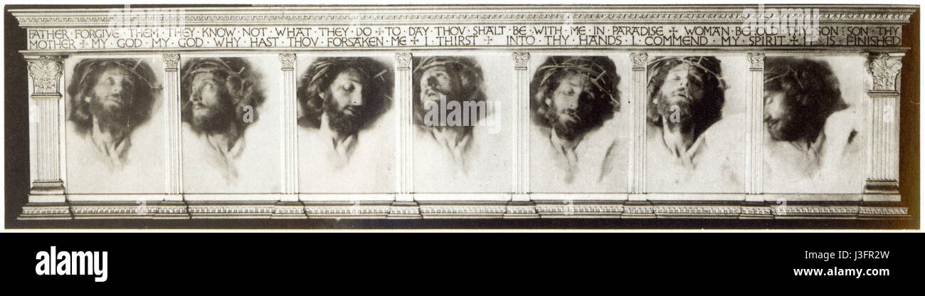 Dieses Kunstwerk oder Text stellt wahrscheinlich die „letzten sieben Worte“ von Fred Holland Day dar oder bezieht sich auf diese, ein künstlerisches oder literarisches Werk, das sich auf die letzten Worte Christi konzentriert, wie sie in christlicher Tradition erzählt werden. Das Thema fängt die letzten Momente des Lebens Jesu ein. Stockfoto