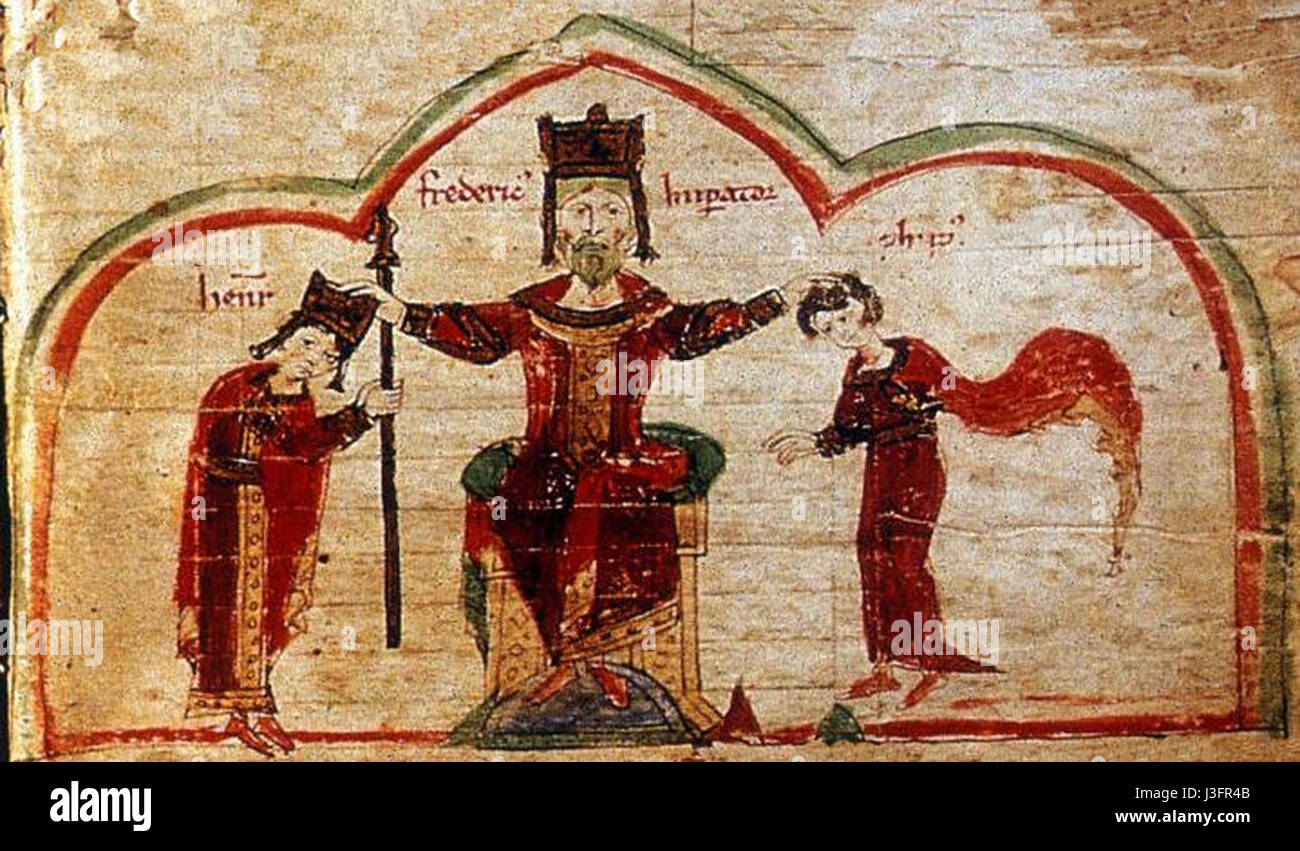 Fridrich Barbarossa, auch bekannt als Friedrich I., war von 1155 bis zu seinem Tod 1190 Kaiser des Heiligen Römischen Reiches. Barbarossa, bekannt für seine militärischen Feldzüge und Bemühungen zur Stärkung der imperialen Macht, spielte eine bedeutende Rolle in der mittelalterlichen europäischen Geschichte. Stockfoto