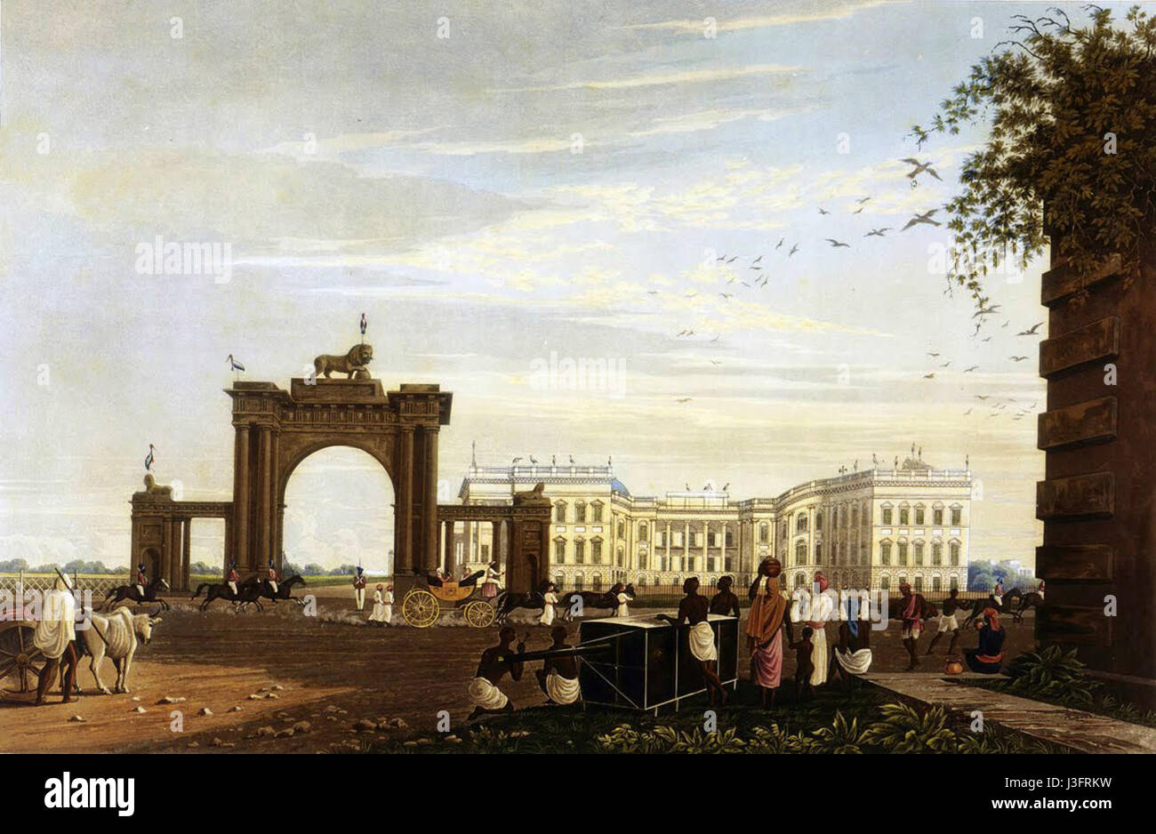 Dies bezieht sich auf ein Kunstwerk oder eine Darstellung des Regierungshauses in Kalkutta, das seine architektonische Pracht und Bedeutung als Schlüsselgebäude in Britisch-Indien widerspiegelt. Stockfoto
