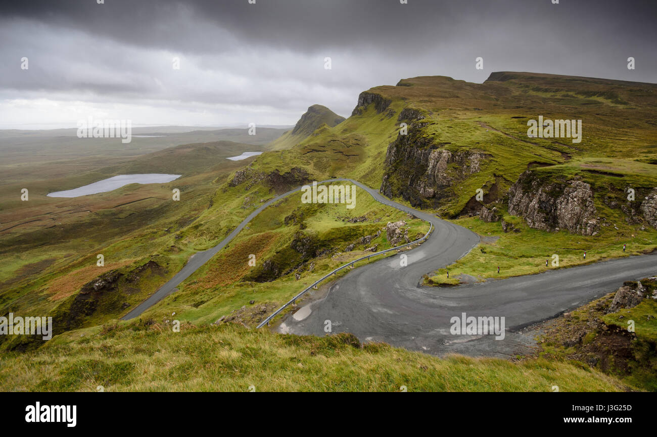 Die märchenhafte Landschaft der Quiraing auf der Isle Of Skye in den Highlands von Schottland. Stockfoto