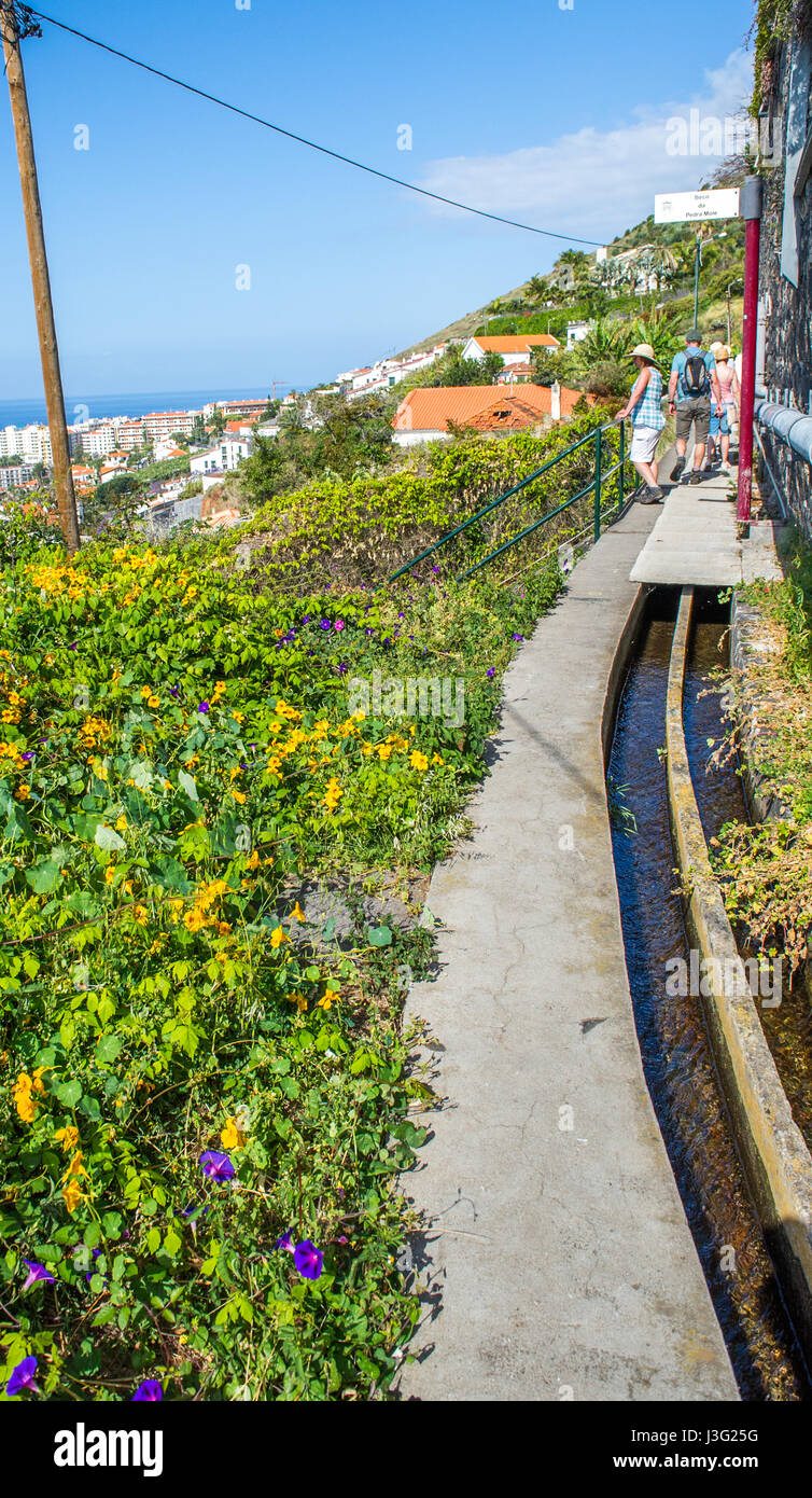 Wasser Bewässerungskanäle Madeiras oder Levadas bieten Wanderwege für Touristen. Stockfoto