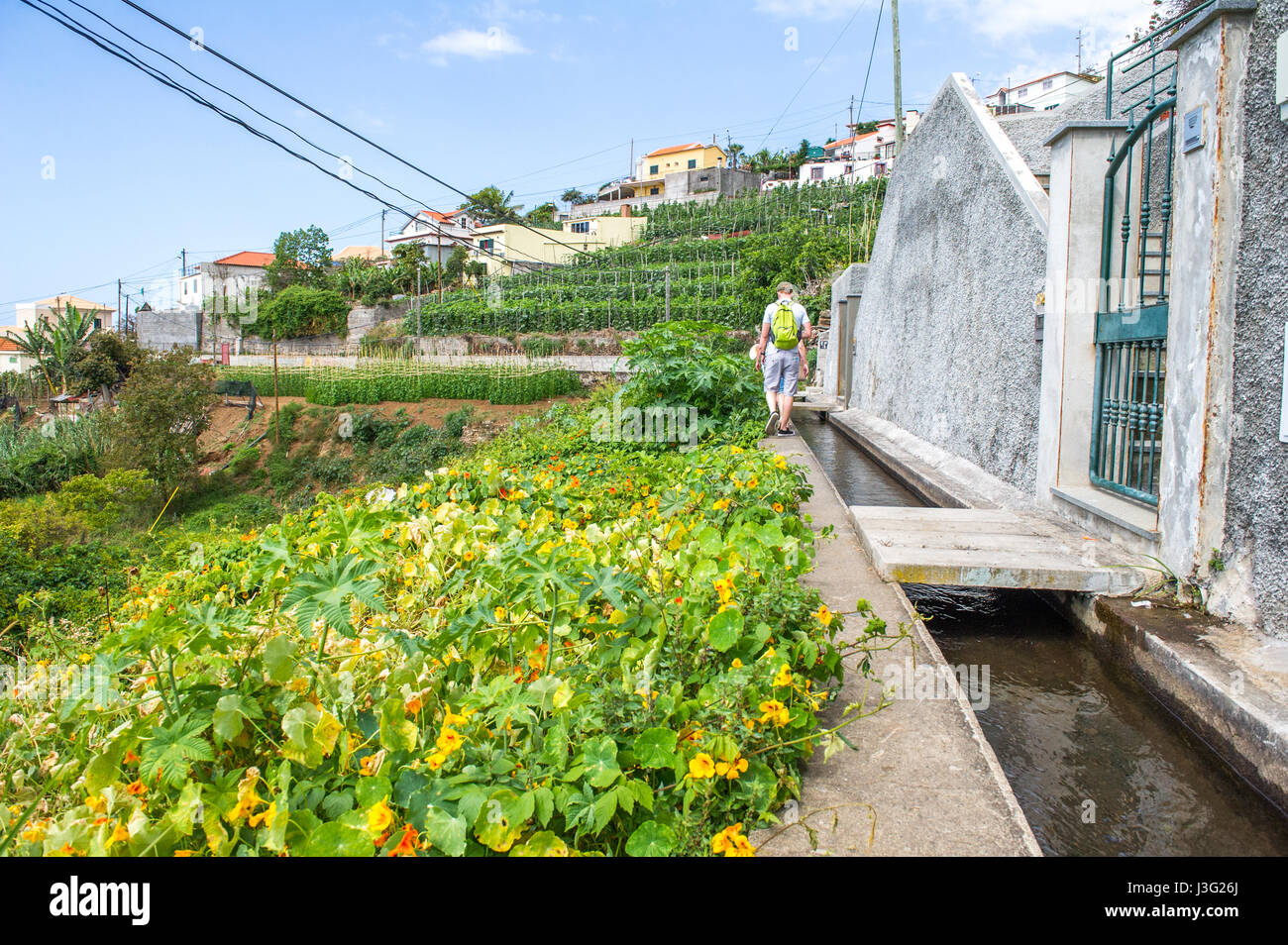 Wasser Bewässerungskanäle Madeiras oder Levadas bieten Wanderwege für Touristen. Stockfoto