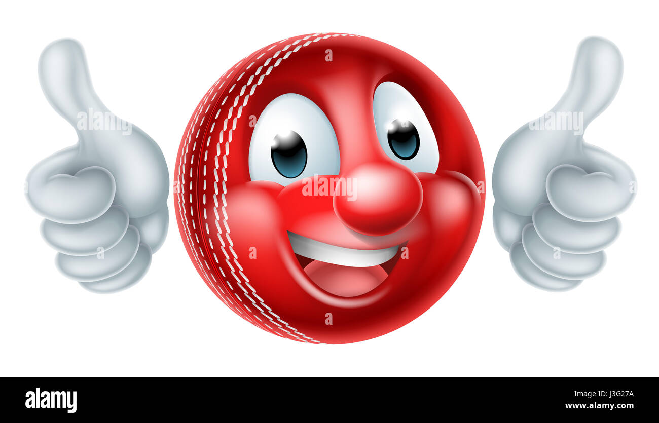 Ein Cricket-Kugel-Mensch Sport, Double up Daumen, Maskottchen Charakter zu tun Stockfoto