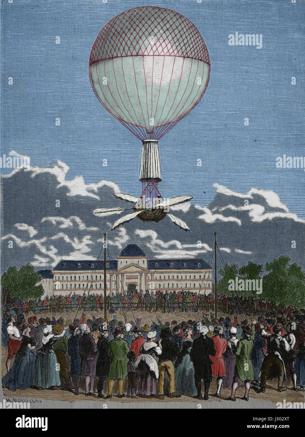 Die erste erfolgreiche Ballonfahrt von Jean-Pierre Francois Flanchard (1753-1809). Wasserstoff-Gas-Lauched aus dem Champ de Mars, Paris, Frankreich, 2. März Stockfoto