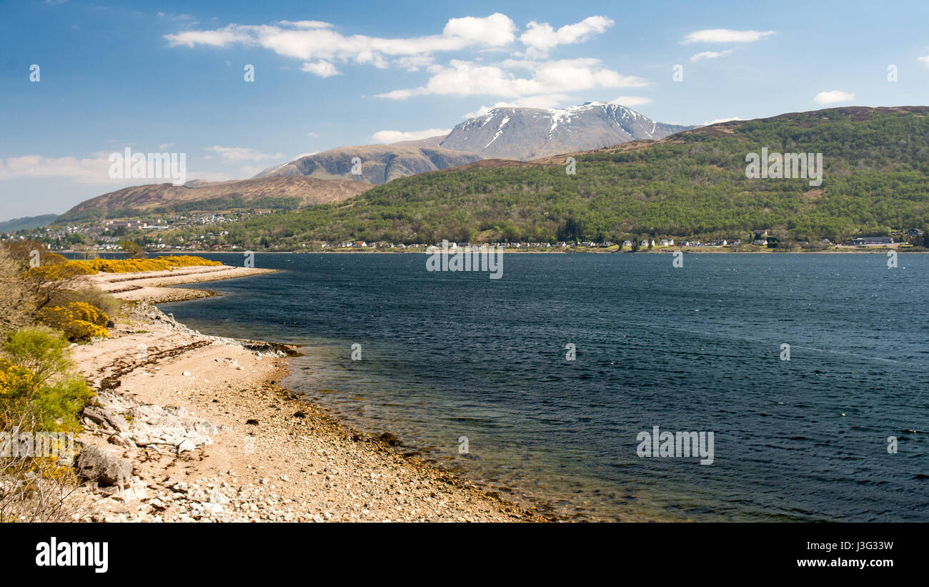 Ben Nevis-Berg und der Stadt Fort William stehen am Ufer des Loch Linnhe, einen Meeresarm in den westlichen Highlands von Schottland. Stockfoto