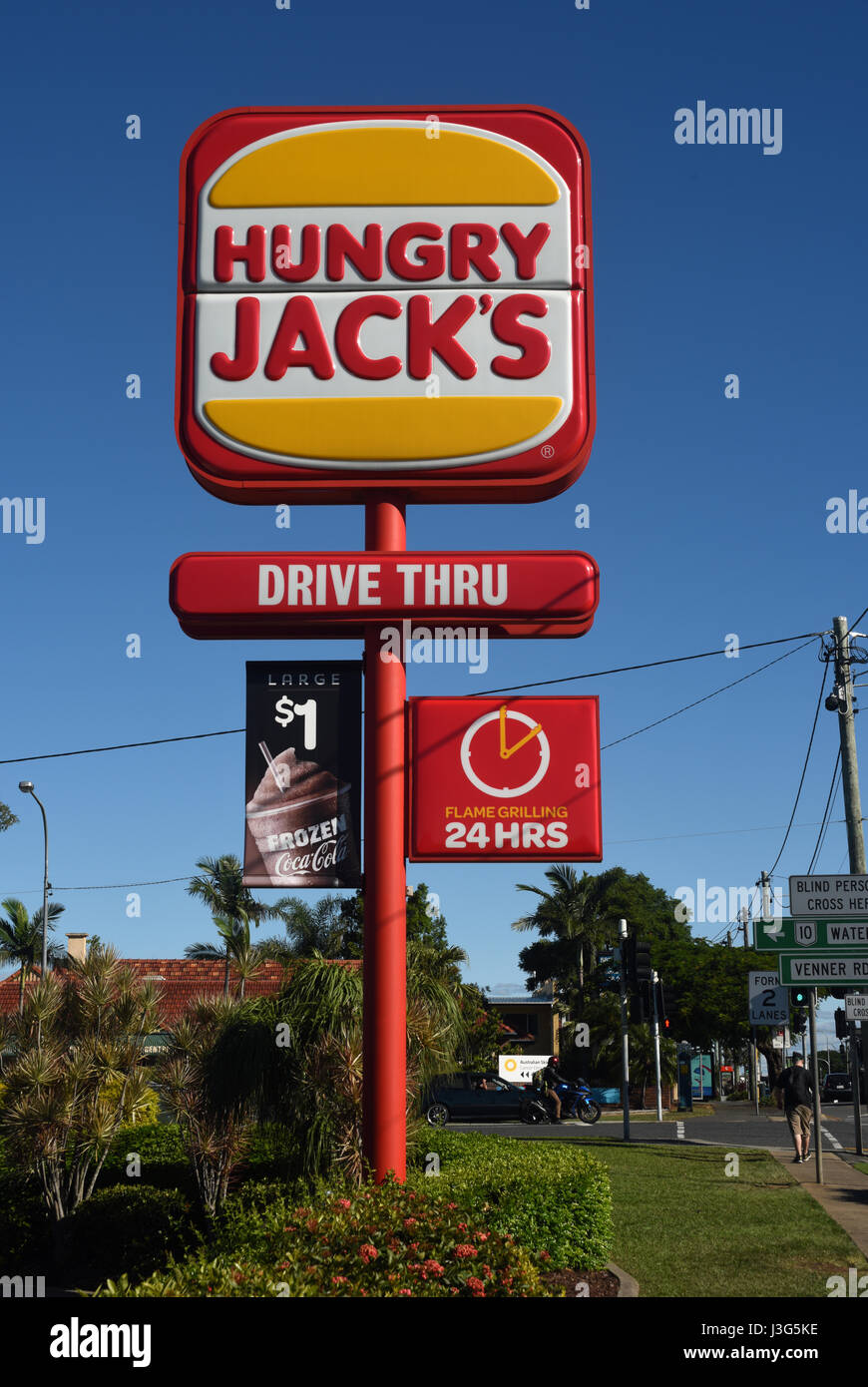 Brisbane, Australien: Schilder am Hungry Jacks Fastfood, Burger outlet Stockfoto