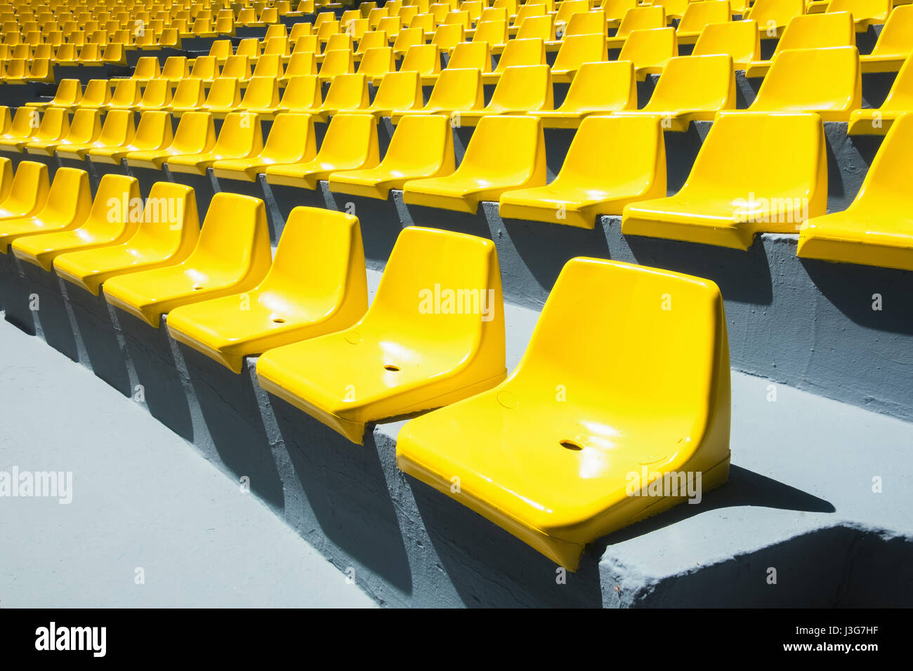 Gelber Kunststoff-Stühle in einer Reihe. Zusammenfassung Hintergrund Stockfoto
