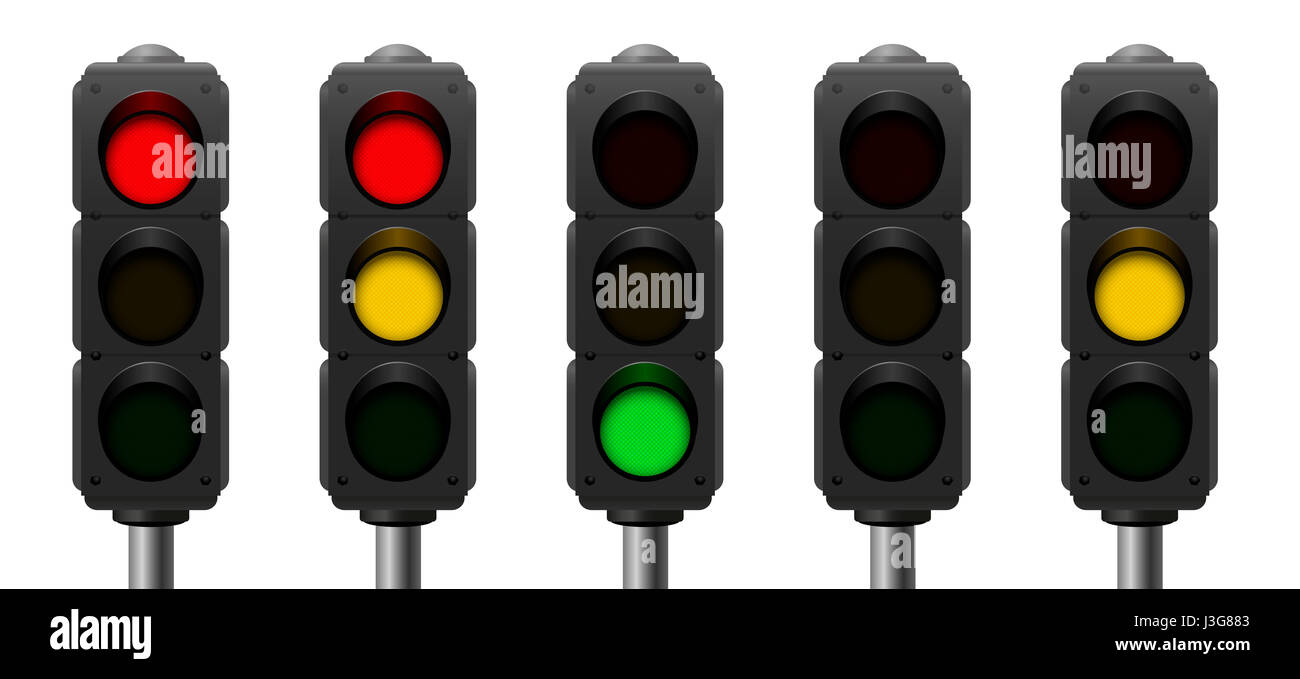 Ampel mit Übersicht der gemeinsamen signal Sequenzen - realistische dreidimensionale Darstellung auf weißem Hintergrund. Stockfoto