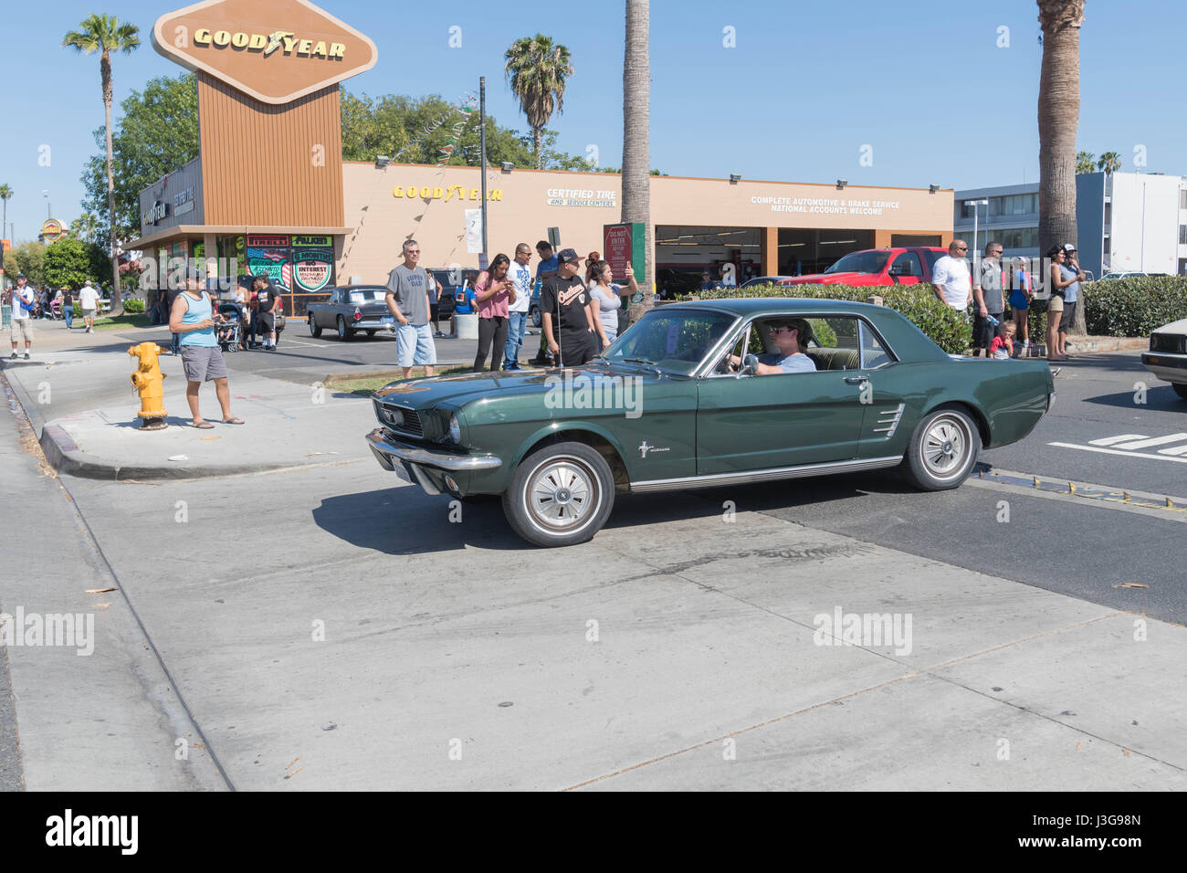 Buena Park, USA - 30. April 2017: Grün Ford Mustang 1. Generation auf dem Display während der fabelhaften Furten Forever Stockfoto