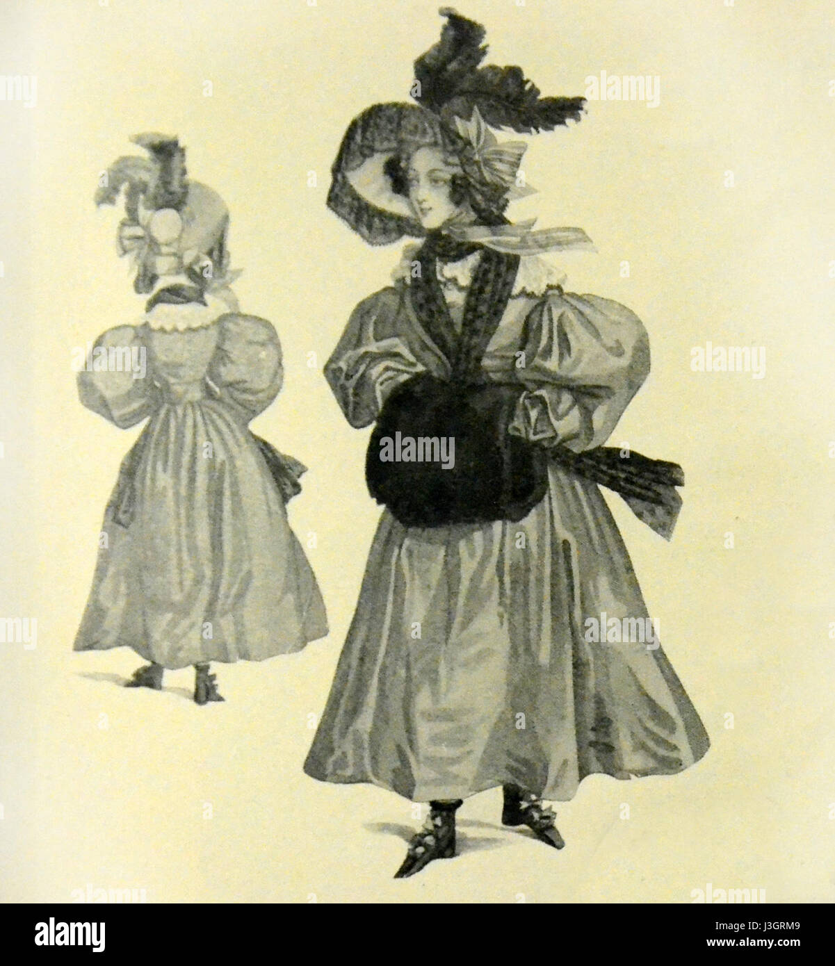 Dieses Illustrationsset mit dem Titel „Gavarni Dessins Mode France“ zeigt französische Mode- und Kostümdesigns aus den 1830er Jahren, die vom Künstler Gavarni geschaffen wurden. Seine Werke geben Einblicke in die Stile und Trends Frankreichs des frühen 19. Jahrhunderts, insbesondere in Kleidung und Accessoires. Stockfoto