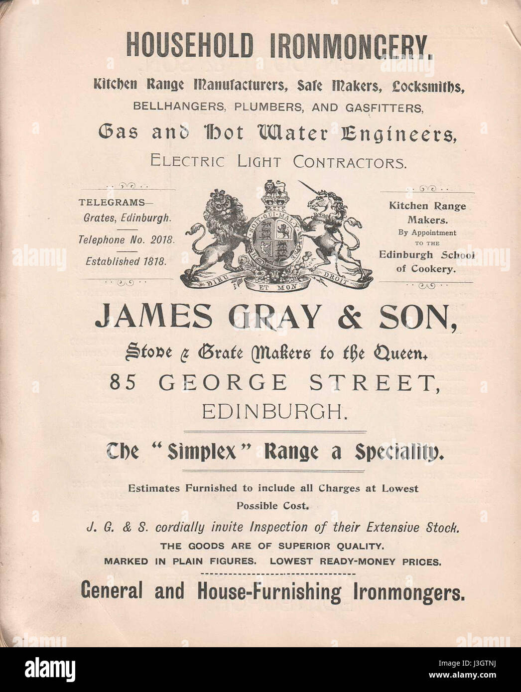 Pelze und Kürschnerei, von R. Russ Winkler, Kürschner in Edinburgh, Princess Street (12 Werbung James Gray & Sohn, Gas und Warmwasser Ingenieure, elektrisches Licht Auftragnehmer) Stockfoto