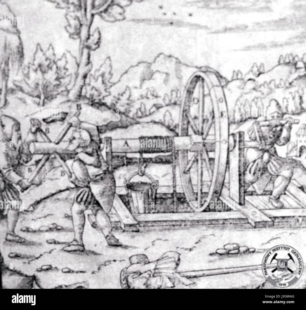 Dieser polnische Satz bezieht sich auf den Prozess der Wassergewinnung, der wahrscheinlich aus einem Brunnen oder einer ähnlichen Quelle stammt, und hebt die Methode der Wassergewinnung in einem historischen oder ländlichen Kontext hervor. Stockfoto