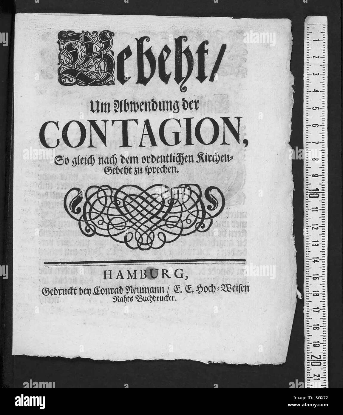 Dieses Dokument oder Werk mit dem Titel „Gebeht um Abwendung der Contagion“ bezieht sich auf die Bemühungen, eine Epidemie zu verhindern oder abzulenken, möglicherweise aus dem 18. Oder 19. Jahrhundert, und veranschaulicht die Maßnahmen, die gegen eine Ansteckung in einer bestimmten Region ergriffen wurden. Stockfoto