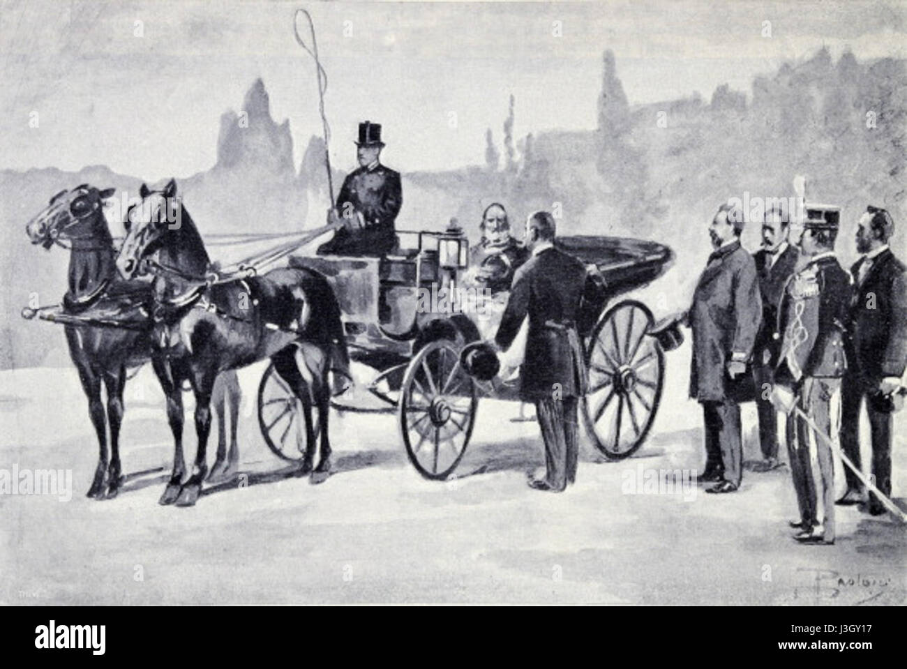 Dieses historische Bild zeigt den Moment, als Giuseppe Garibaldi, ein italienischer Militärheld, von König Umberto I. empfangen wurde. Garibaldi ist eine Schlüsselfigur bei der Vereinigung Italiens, und seine Begegnung mit dem König spiegelt seine bedeutende Rolle in der Geschichte des Landes wider. Stockfoto