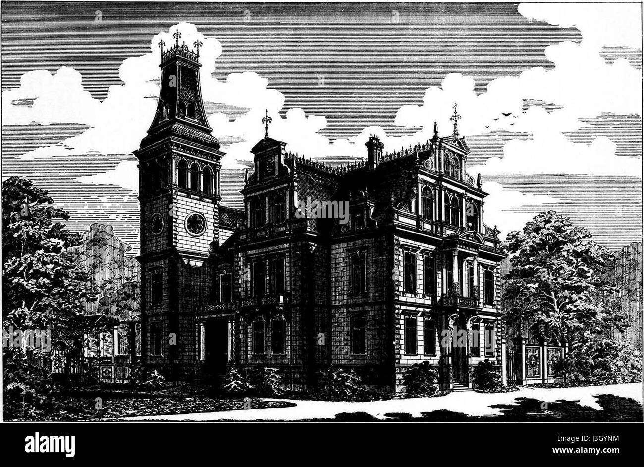 Dieses Bild zeigt die Villa Klaevemann in Oldenburg, entworfen von G. Schnitger. Das architektonische Design des villaâ zeigt den klassischen Stil, der typisch für die Zeit ist, in der es gebaut wurde. Stockfoto