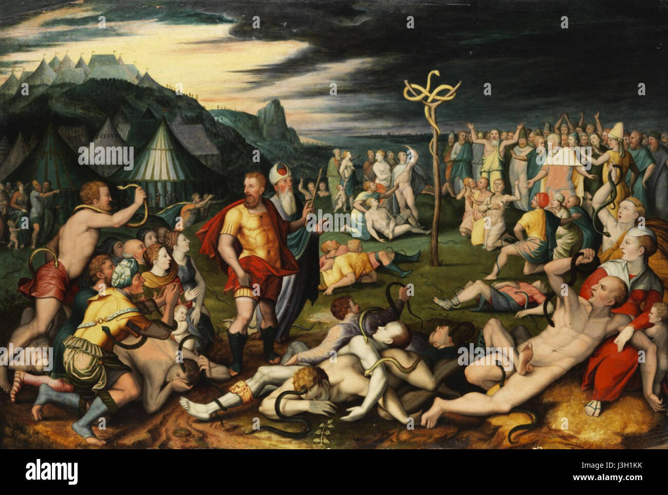 Ein flämisches Gemälde aus dem 17. Jahrhundert, das die biblische Geschichte von Moses und der Messingschlange darstellt und den flämischen Barock in der religiösen Kunst zeigt. Stockfoto