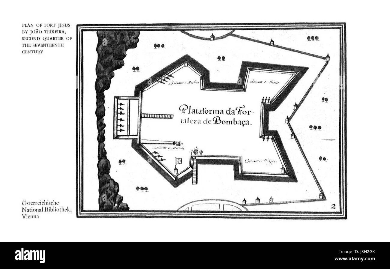 Eine Karte von Fort Jesus, die wahrscheinlich aus dem 16. Oder 17. Jahrhundert stammt und die Struktur des Forts und seine strategische Bedeutung darstellt. Fort Jesus war eine wichtige militärische Einrichtung in Mombasa, Kenia, mit einer bedeutenden Rolle in der Kolonial- und Militärgeschichte der Region. Stockfoto