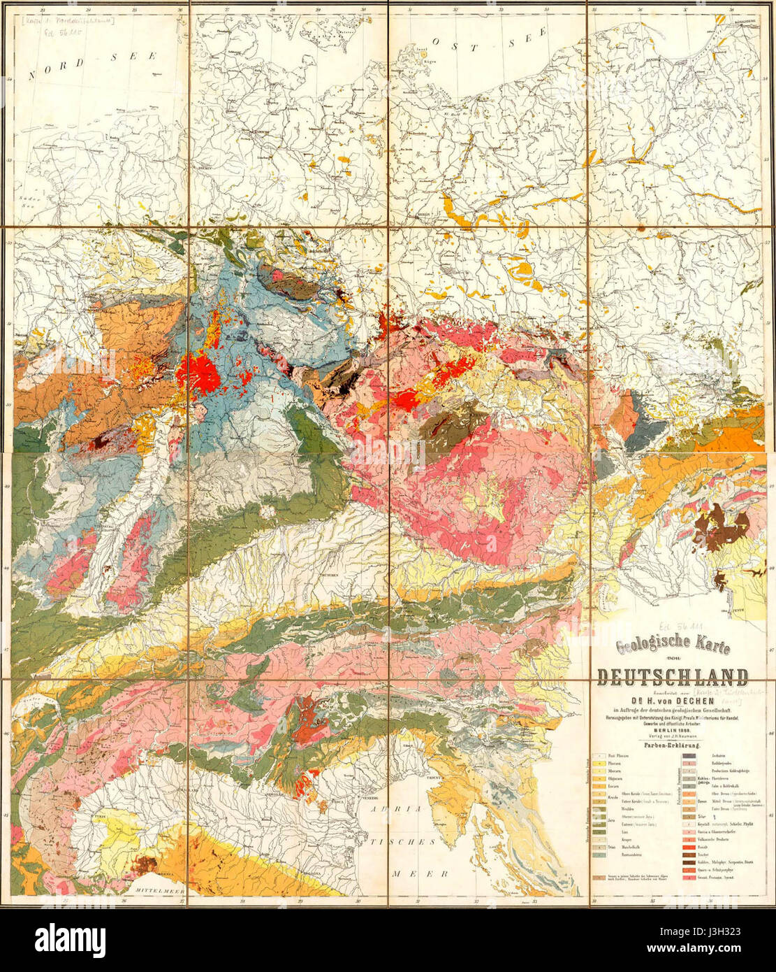 Geologische Karte Deutschland 1869 Stockfoto