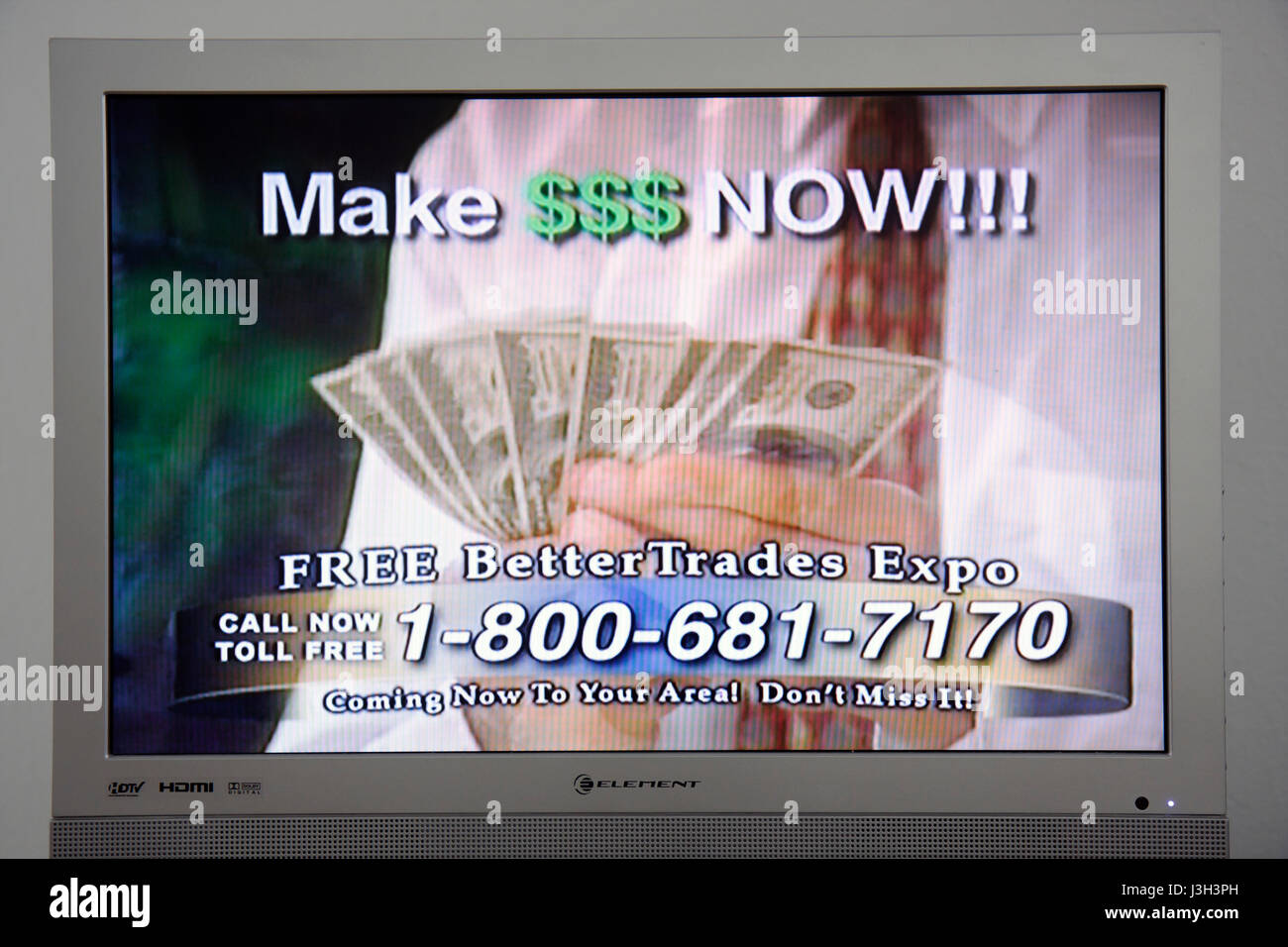 Florida, Fernsehen, Set, TV, Kabel, Kanal, HDTV, digital, Monitor, Werbung, kostenpflichtige Werbung, Werbung, Anzeige, gebührenfreie Nummer, Währung, Geld, Opportuni Stockfoto