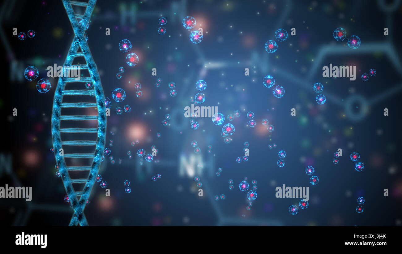 DNA-Doppelhelix und Zellen auf dem Hintergrund Stockfoto