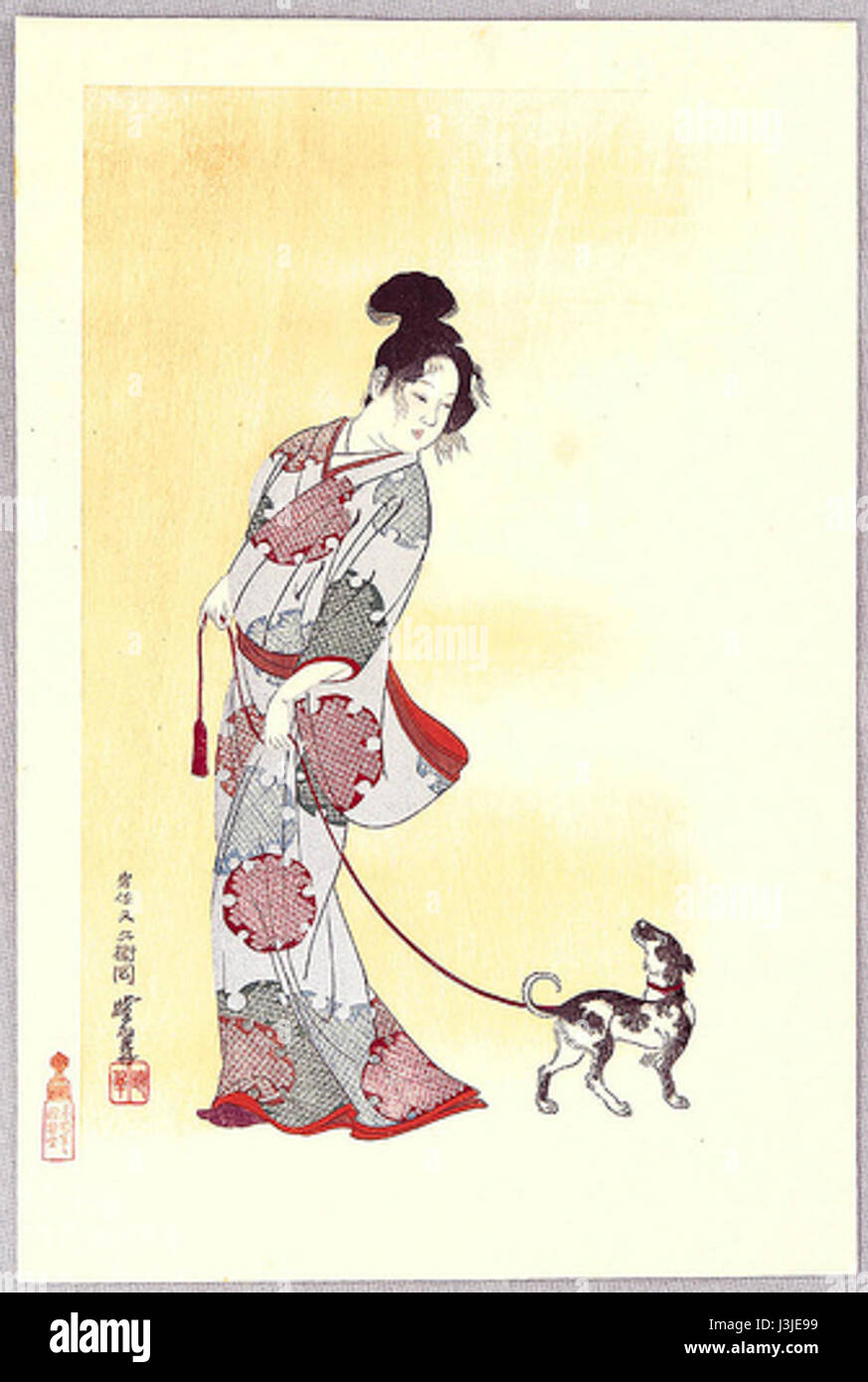 „Beauty and Dog“ von Gyosui Kawanabe ist ein japanisches Kunstwerk, das die Verbindung zwischen Schönheit und Hund darstellt und den charakteristischen Stil und die kulturellen Einflüsse von Kawanabeâ zeigt. Stockfoto