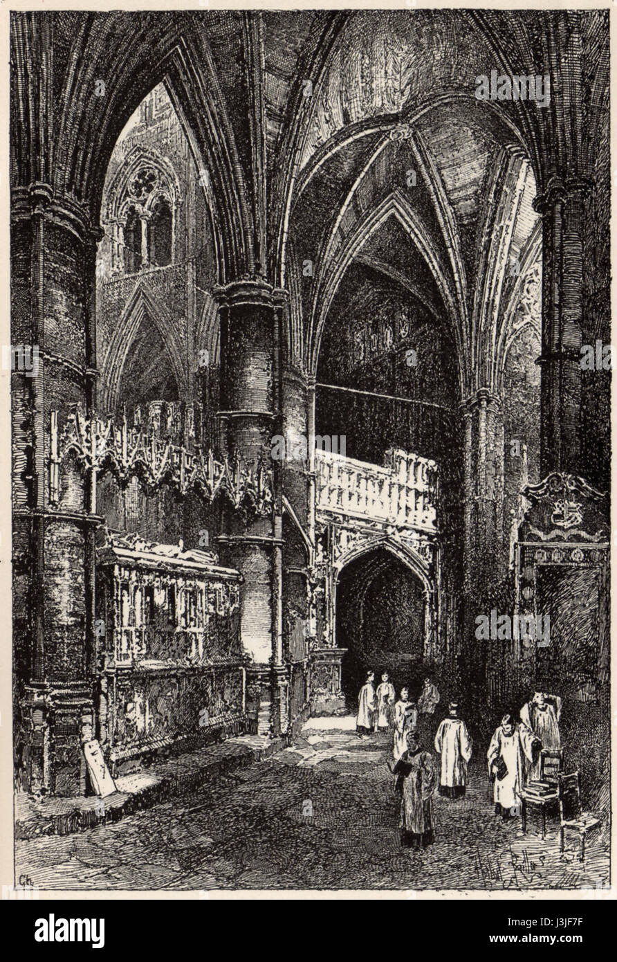 Diese Illustration von Herbert Railton zeigt das Südschiff des Chors in Westminster Abbey und bietet einen visuellen Einblick in das architektonische Layout dieser historischen Stätte. Stockfoto