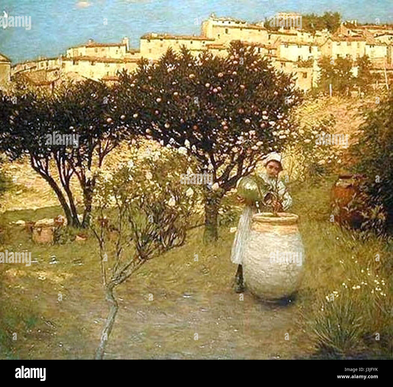 Henry Herbert La Thangue's Dezember-Provence fängt die ruhige Schönheit der Provence im Winter ein. Der realistische Stil des Künstlers unterstreicht die ruhige und friedliche Natur der Region und zeigt den rustikalen Charme der Gegend in der kalten Jahreszeit und zeigt die Stille und natürliche Schönheit der Provence im Dezember. Stockfoto