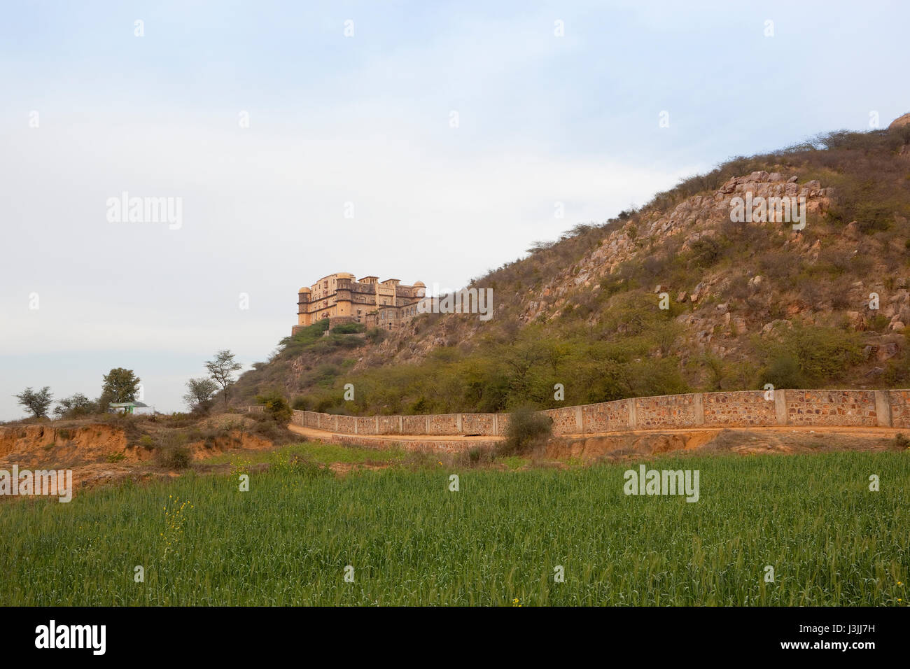TIJARA Fort Hotel auf einem Hügel mit Blick auf einem Weizenfeld bei bewölktem Himmel im Frühling Stockfoto