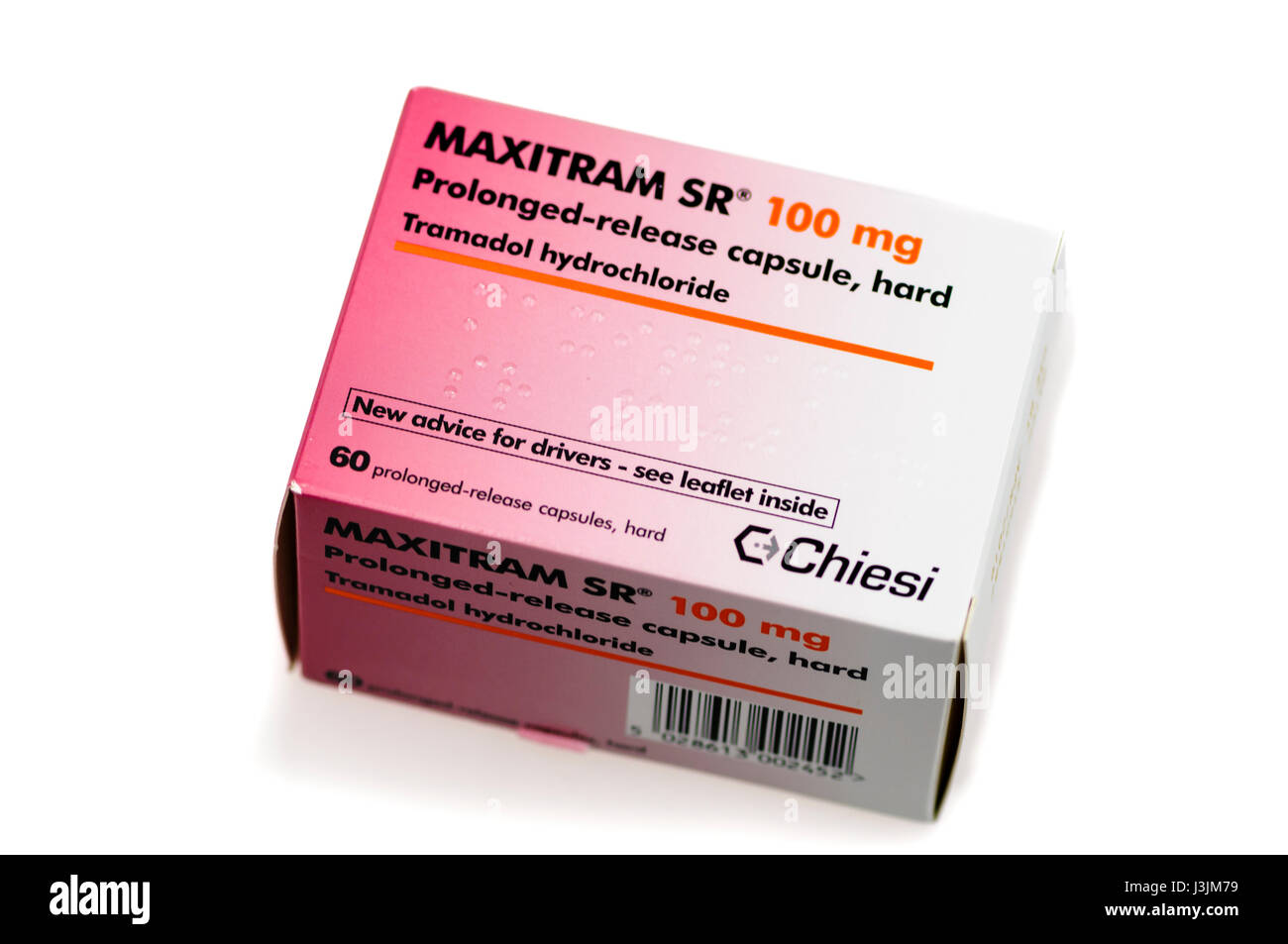 Box mit Maxitram SR (Slow Release) 100mg Tramadol Hydrochlorid, ein Schmerzmittel für mäßige bis starke Schmerzen und oft missbraucht als Freizeitdroge. Stockfoto