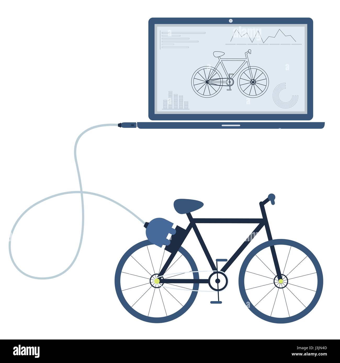Fahrrad an ein Notebook über ein USB-Kabel angeschlossen. Gliederung der Rad- und Grafiken auf dem Computermonitor angezeigt wird. Flaches Design. Isoliert. Stock Vektor