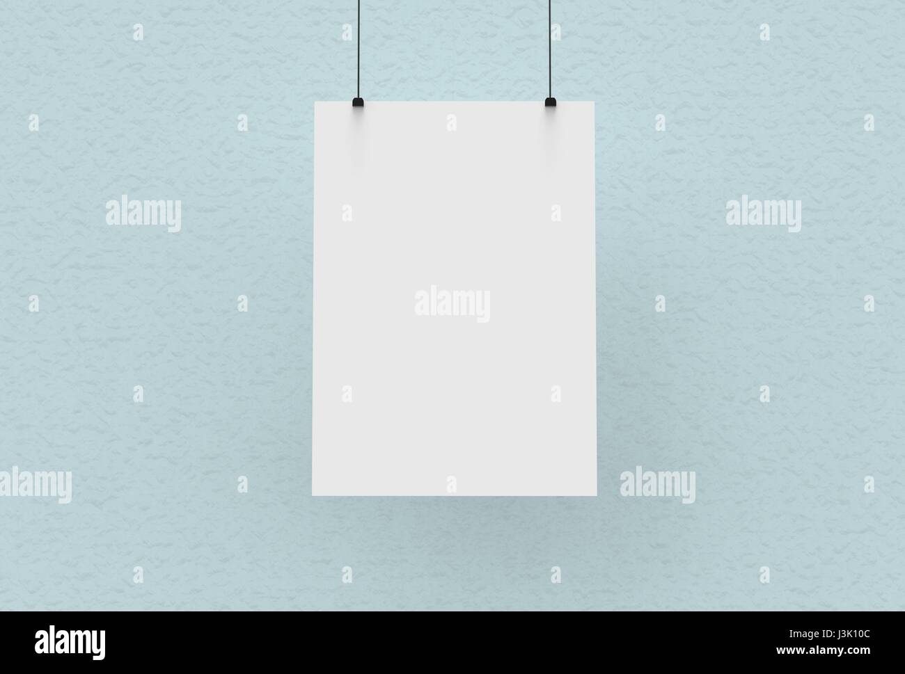 Leeres weißes Papier Plakat mock-up auf weiche blaue Trockenbau. 3D dargestellt Stockfoto Leeres weißes Papier Plakat mock-up auf weiche blaue Trockenbau. 3D dargestellt Stockfoto