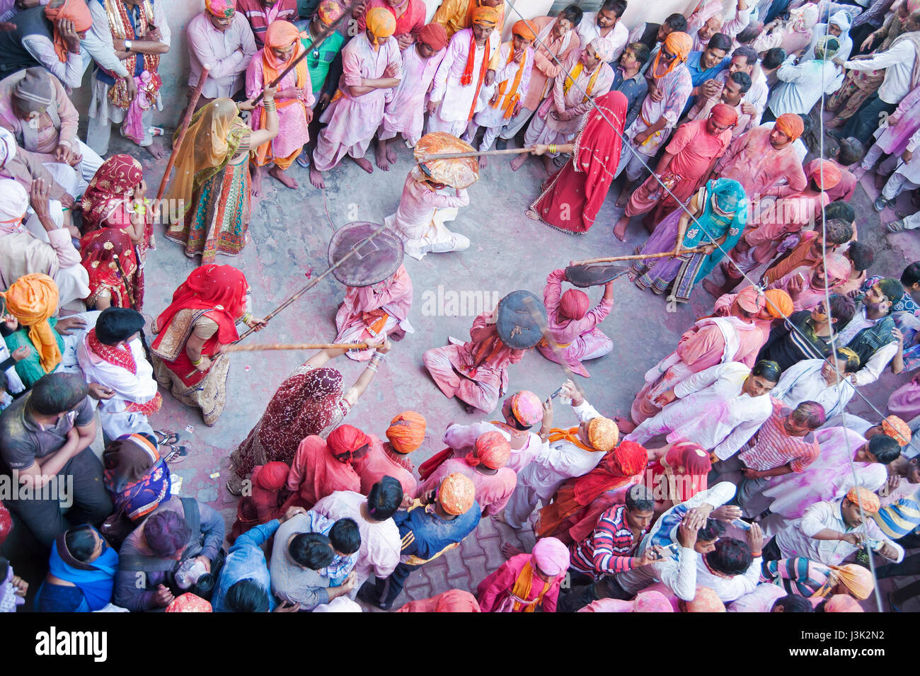 Holi am Barsana und Nandgaon, Uttar Pradesh, Indien, Asien Stockfoto