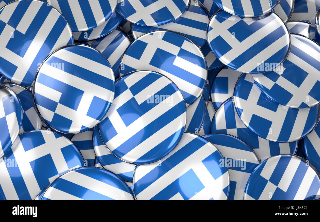 Griechenland-Abzeichen Hintergrund - Haufen griechische Flagge Buttons. 3D Rendering Stockfoto