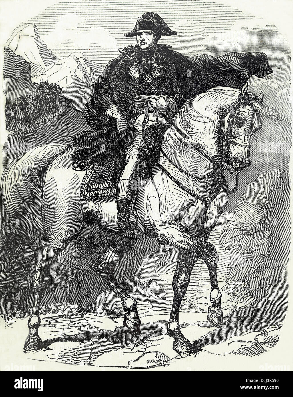 Napoleon überquert die Alpen. Frühling des Jahres 1800. 19.. Jahrhundert. Gravur auf ein Painting von Jacques inspiriert. Stockfoto